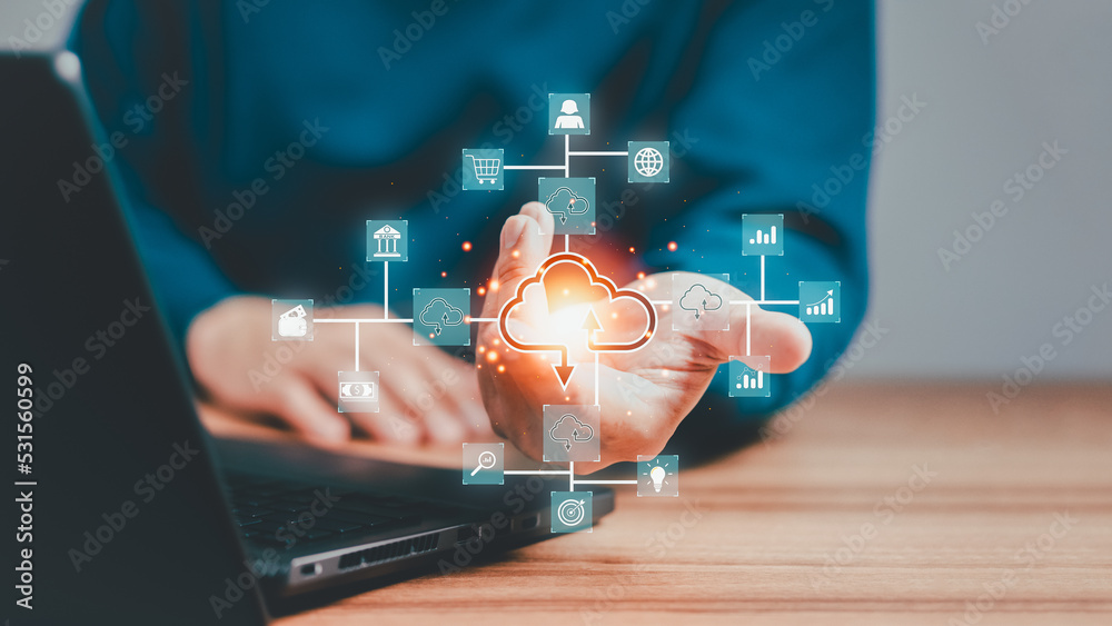Poster Businessman working at cloud data icon, cloud computing diagram show on hand. Cloud technology. Data storage. Networking and internet service concept.