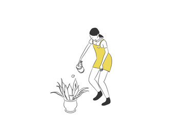 じょうろで観葉植物に水をあげる女性のシンプルなイラスト