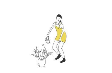 じょうろで観葉植物に水をあげる女性のシンプルなイラスト