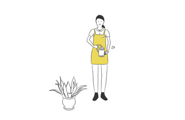 じょうろで観葉植物に水をあげる女性のシンプルなイラスト