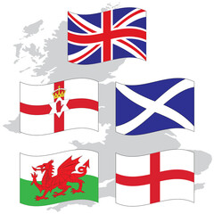 Waving Flags United Kingdom collection and national emblems of England Northern Ireland Wales Scotland