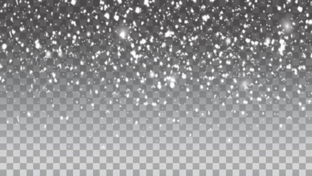 Falling snow on a transparent background. Abstract falling snowflakes with glowing lights effect background for your winter design. Vector illustration