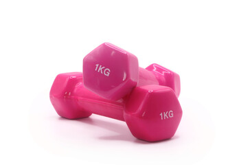 Pink dumbbells with one kilogram weight isolated on white background