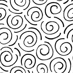 Fototapeta na wymiar Swirled and spiral thin lines seamless pattern. Hand drawn vector ornament in Memphis style. Retro fashion style 80-90s with curved thin brush strokes. Abstract black and white background design. 