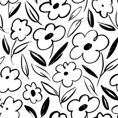 Black chamomile vector seamless pattern. Hand drawn linear drawing of daisy flowers. Botanical seamless print with different floral elements. Summer field with meadow plants. Simple botanical motif. 