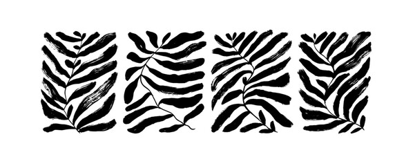 Contemporary organic plant shapes collection. Hand drawn abstract palm leaf in rectangle shapes. Vector black ink illustration with brush strokes. Abstract matisse and naive style of leaves.