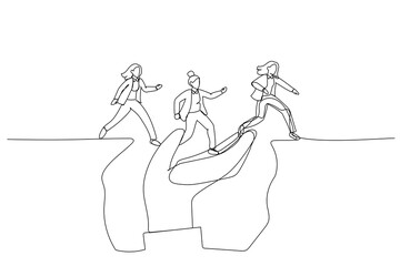 Illustration of giant hand help business people cross the problem gap. metpahor for supportive manager mentor or coach. One line style art