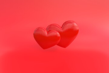 Two red hearts with a rough surface on a red background. Postcard template for Valentine's Day, wedding or Women's Day. The concept of love. 3D rendering