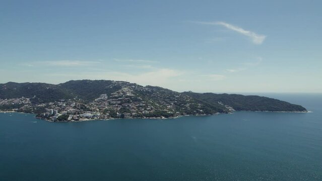 Beautiful Mexico Coastline of Acapulco on Sunny Summer Day, Aerial With Copy Space in Blue Sky