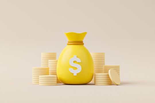 Money bag with icon dollar currency and gold coin stack on background. Save money and investment concept. 3d render illustration