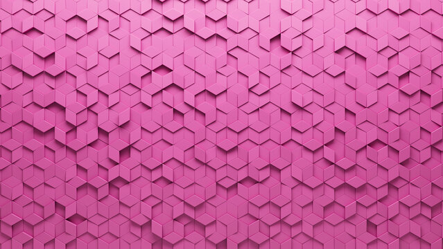 Pink, Semigloss Mosaic Tiles arranged in the shape of a wall. 3D, Futuristic, Blocks stacked to create a Diamond Shaped block background. 3D Render