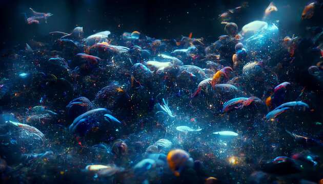 Background With Space Mixed Horde Of Fishes