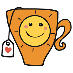 Tea cup with sun smile cartoon illustration