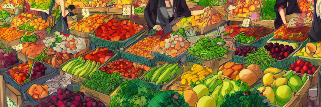 fresh fruits and vegetables, people selling delicious healthy food at a market stand