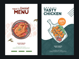Roasted chicken flyer and chicken wing Illustration vertical poster template for restaurant and barbecue vector design