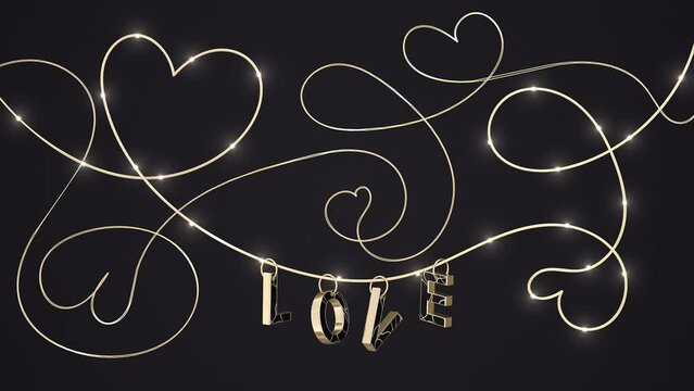 Romantic background with gold hearts pattern and text Love with hanging letters