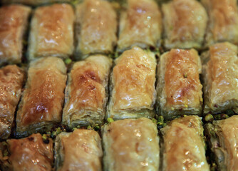 Famous Turkish traditional dessert ‘Baklava’ at the dessert plate.