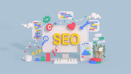 SEO Search Engine Optimization and internet marketing 3D render illustration