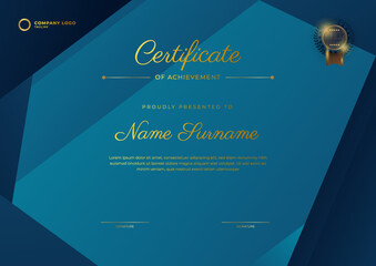 Blue Certificate of achievement template set Background with gold badge and border. Award diploma design blank. Vector Illustration EPS10