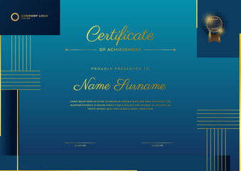 Blue Certificate of achievement template set Background with gold badge and border. Award diploma design blank. Vector Illustration EPS10