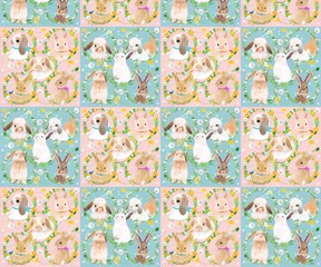 Illustration of a dandelion flower wreath with cute bunnies in the year of the rabbit, the Chinese zodiac sign for 2023, or the Easter Bunny. - obrazy, fototapety, plakaty