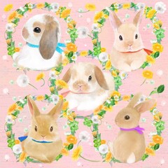 Illustration of a dandelion flower wreath with cute bunnies in the year of the rabbit, the Chinese zodiac sign for 2023, or the Easter Bunny.