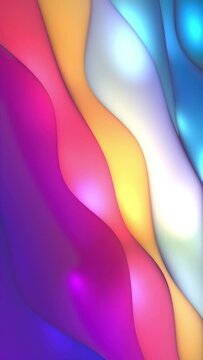 Abstract 3D loop background. Squishy diagonal waves in cyan, blue, purple, pink, red, orange, yellow, white.