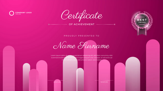 Pink Certificate of achievement template set Background with gold badge and border. Award diploma design blank. Vector Illustration EPS10