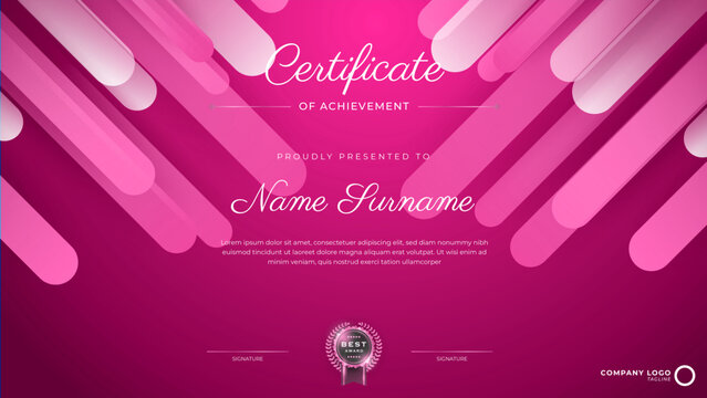 Pink Certificate of achievement template set Background with gold badge and border. Award diploma design blank. Vector Illustration EPS10