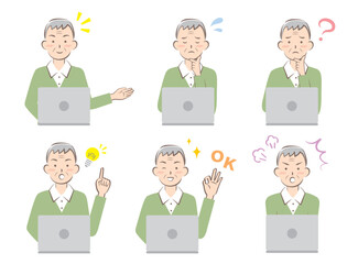 パソコンを操作するシニア男性　感情　正面　