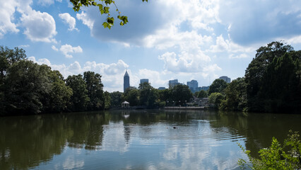 View of Atlanta’s skyline from Piedmont Park, an urban park in Atlanta, Georgia, located about 1...
