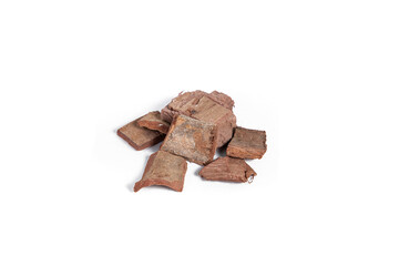 Dry arjun chal or Terminalia arjuna ayurvedic herb on white background