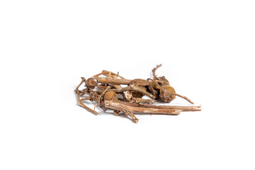 Organic dry barks of Indian Jalap or Nishodh or Operculina turpethum isolated on white background