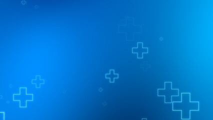 Medical health blue cross neon light shapes pattern background. Abstract healthcare technology and science concept.