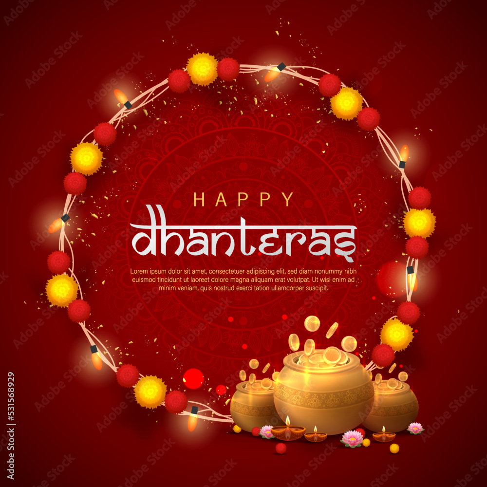 Wall mural Happy Dhanteras Poster Design Vector Illustration. Illustration of Gold Coin in Pot. Suitable for Greeting Card, Banner, Flyer, Template. 