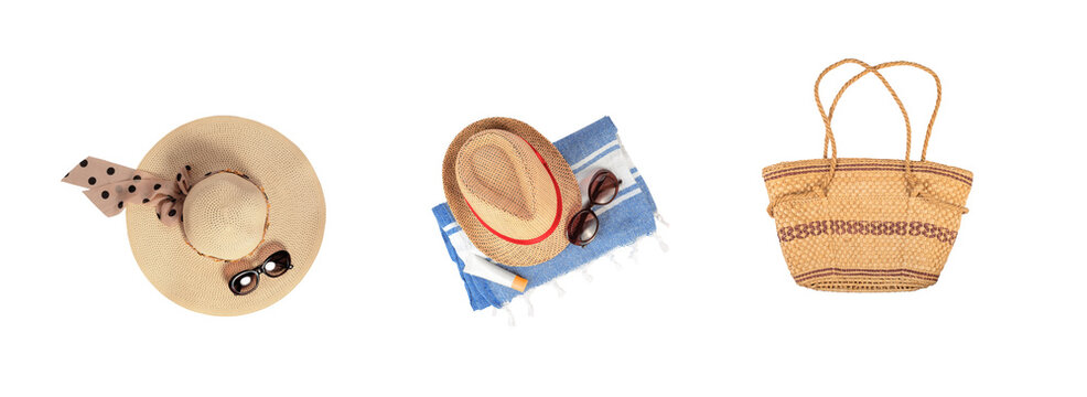 Summer Set with Straw Hats, Bag and Sunglasses.