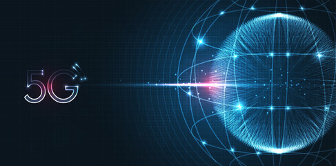 5G network digital hologram and internet Wi-fi connection and internet of things with modern city skyline. Smart city and communication network concept. High speed, broadband telecommunication. vector