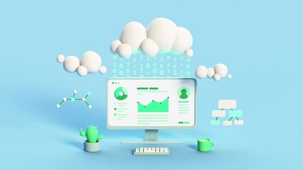 Minimal cartoon desktop and cloud storage. Hosting and computing service. 3D render animation