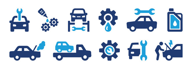 Car repair service icon set. Containing car mechanic, change automobiles engine oil and tow truck icons. Vector illustration.