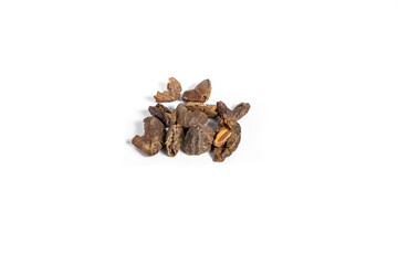Pile of Organic Chebulic Myrobalan or Choti Harad or Terminalia chebula isolated on white background.