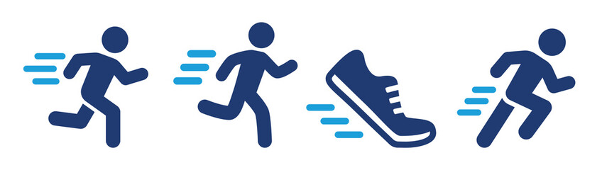 Run icon set. Containing runner and running shoe symbol. Vector illustration. - obrazy, fototapety, plakaty
