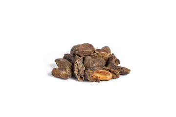 Pile of Organic Chebulic Myrobalan or Choti Harad or Terminalia chebula isolated on white background.