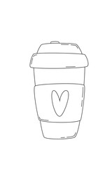 Coffee to go in doodle style. Takeaway cup of coffee with love. Vector icon, flat cartoon illustration, clipart.