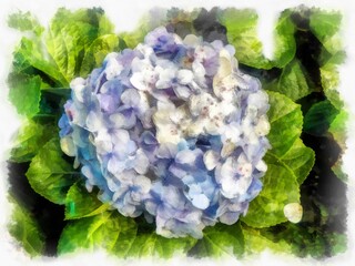 purple blue flower bushes watercolor style illustration impressionist painting.