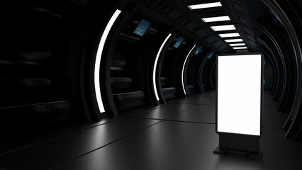 Blank mock up vertical billboard or LCD screen floor stand in spaceship or space station interior, Sci Fi tunnel, 3D rendering. - 531572748