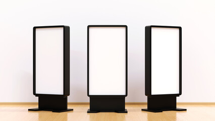 Blank mock up vertical billboard or LCD screen floor stand inside building, 3D rendering.