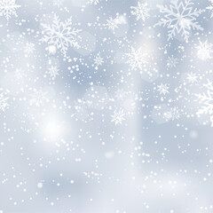 Happy New Year or Xmas sky background with falling snowflakes. Vector
