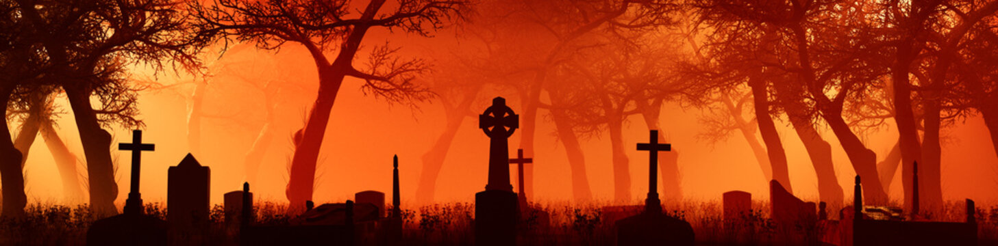 Eerie Graveyard at Night. Orange Halloween Background with Gravestones and Trees.