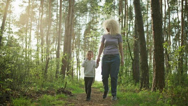 Mother and son are walking in the forest. Beautiful nature with trees and a happy family walking along the path. Warmth and love in the family. High quality 4k footage