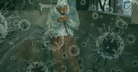 Digital illustration of a person wearing Coronavirus covid19 mask over cells spreading 